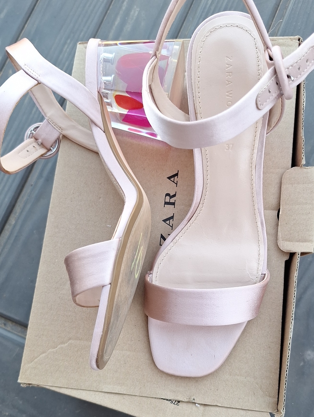 Zara Blush Pink Satin Block Heel Sandals with Color-Accent Clear Heel